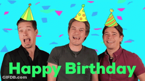 Three Men In Party Hats Saying Happy Birthday GIF