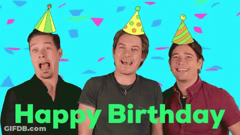 Three Men In Party Hats Singing Happy Birthday GIF