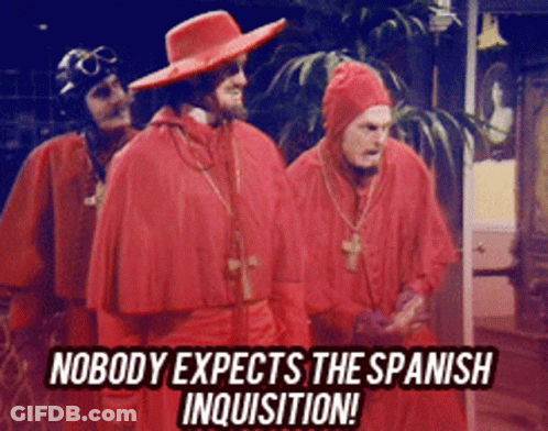 Three Men In Red Robes Saying Nobody Expects The Spanish Inquisition GIF