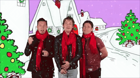 Three Men In Red Scarves At Cartoon Christmas Scene GIF