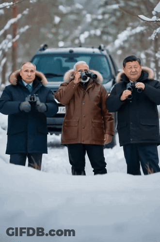 Three Men In Snow Looking Through Binoculars GIF