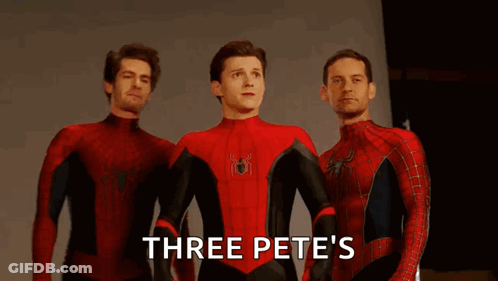 Three Men In Spider-Man Costumes Are Standing Next To Each Other And The Words `` Three Pete 'S '' Are Written Above The GIF