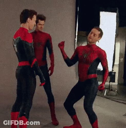 Three Men In Spiderman Costumes Are Standing Next To Each Other And Dancing . GIF