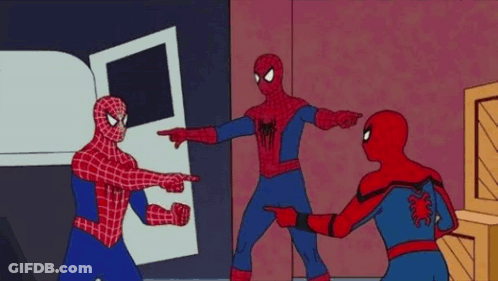 Three Men In Spiderman Costumes Are Standing Next To Each Other In A Circle And Pointing At Each Other . GIF
