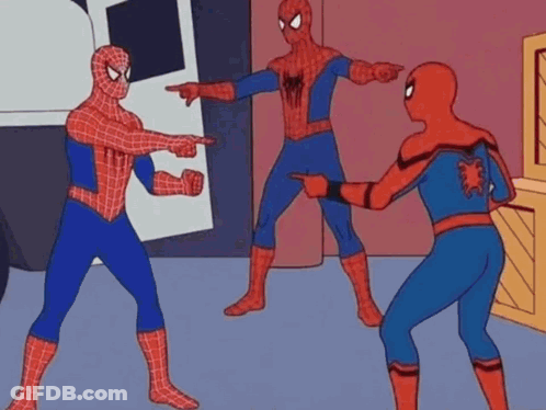 Three Men In Spiderman Costumes Are Standing Next To Each Other GIF