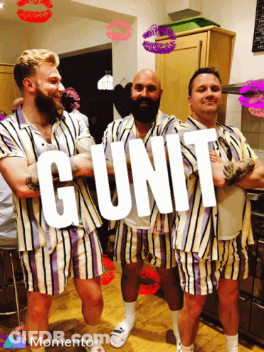 Three Men In Striped Shirts Are Standing In A Kitchen And The Word Gunit Is On The Front GIF