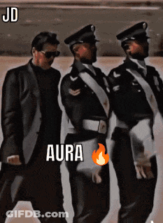 Three Men In Suits And Hats Are Walking In A Line With Aura Written On The Bottom Of The Image GIF