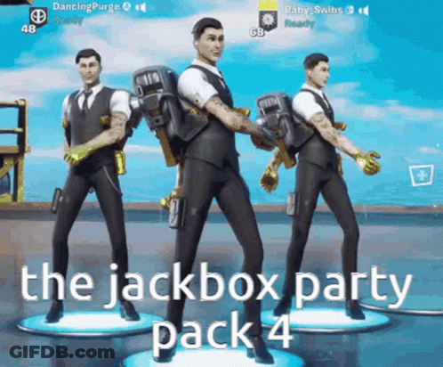 Three Men In Suits Are Standing Next To Each Other With The Words The Jackbox Party Pack 4 Above Them GIF