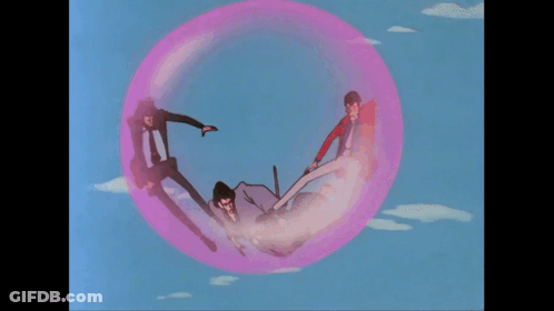 Three Men In Suits Flying Through Pink Bubble GIF