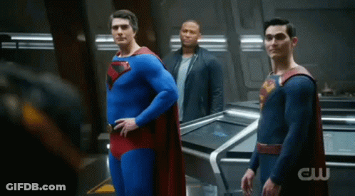 Three Men In Superman Costumes GIF
