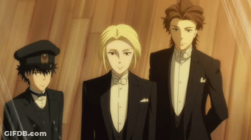 Three Men In Tuxedos Stand Next To Each Other GIF
