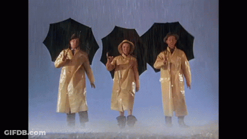 Three Men In Yellow Raincoats Holding Umbrellas GIF