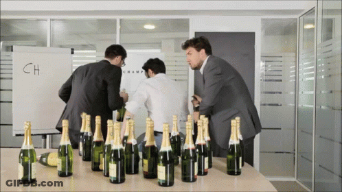Three Men Looking At Champagne Bottles GIF