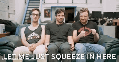 Three Men On Couch With Let Me Just Squeeze In Here GIF
