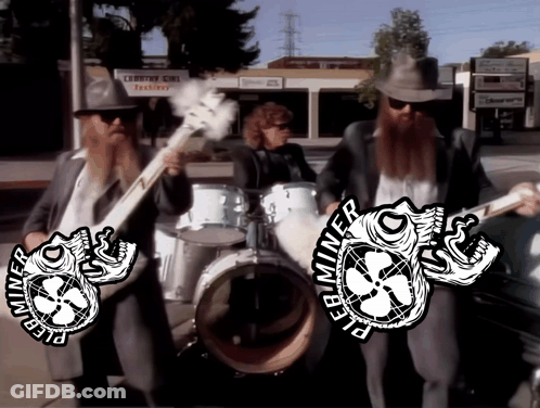 Three Men Playing Drums And Guitars With Pleb Miner Logo GIF