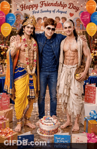 Three Men Pose For A Picture In Front Of A Happy Friendship Day Banner GIF
