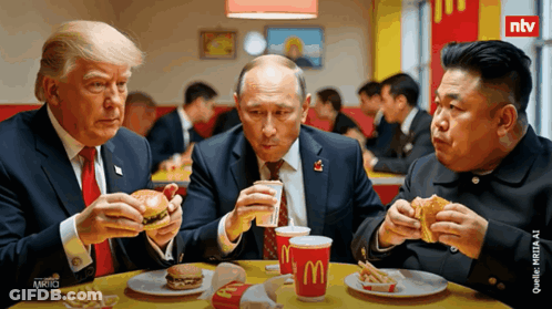 Three Men Sit At A Table Eating Mcdonald 'S Hamburgers GIF
