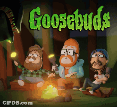 Three Men Sitting Around Campfire Goosebuds GIF