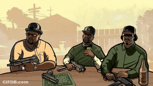 Three Men Sitting At Table With Guns And Coca-Cola GIF