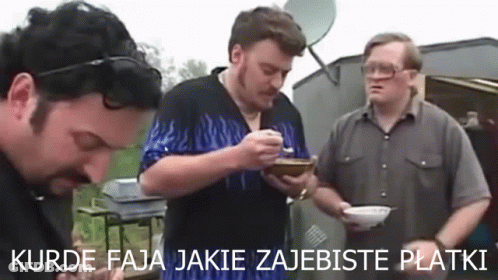 Three Men Standing Eating From Bowls And Plates GIF