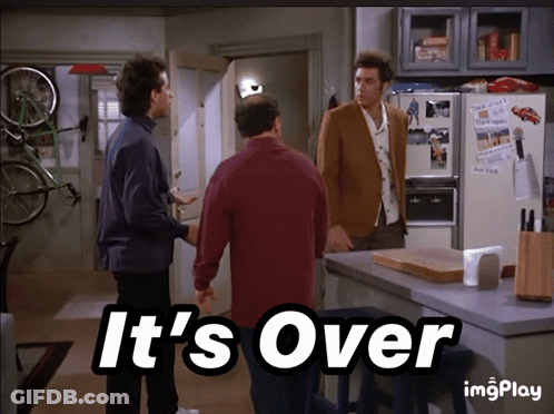 Three Men Standing In A Kitchen With The Words It 'S Over GIF