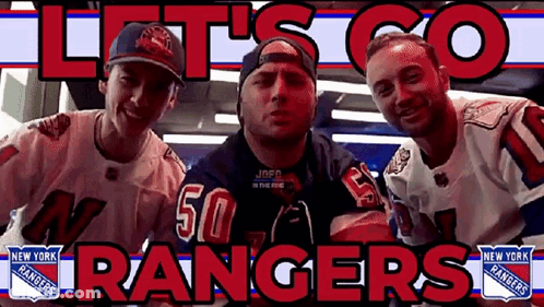 Three Men Standing In Front Of Let's Go Rangers Banner GIF