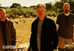 Three Men Standing Next To Each Other With A T-Shirt That Says A.m.c. On It GIF