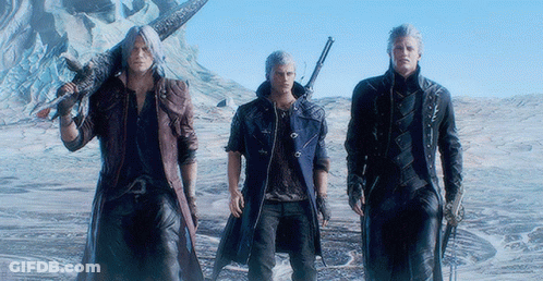 Three Men Standing Next To Each Other With Guns In Their Hands GIF