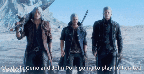 Three Men Standing Next To Each Other With The Words Chadachi Geno And John Pork Going To Play Hull United On The Bottom GIF