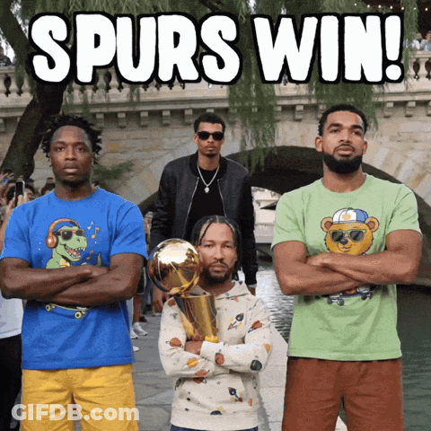 Three Men Standing Next To Each Other With The Words Spurs Win Above Them GIF