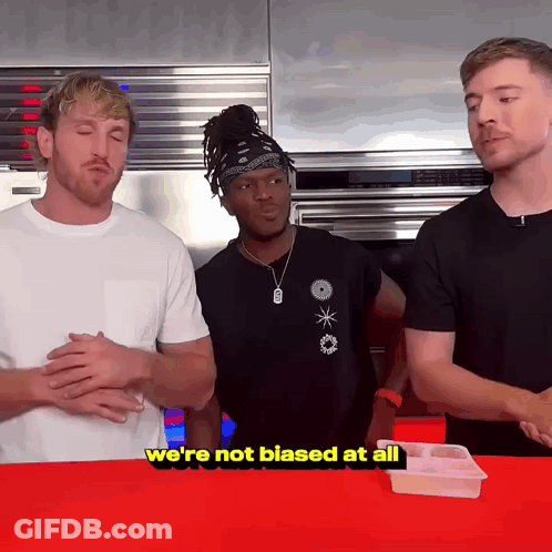 Three Men Standing Next To Each Other With The Words We 'Re Not Blased At All On The Bottom Right GIF