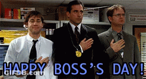 Three Men Standing Next To Each Other With Their Hands On Their Hearts And The Words Happy Boss 'S Day Below Them GIF
