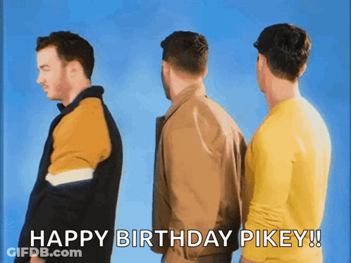 Three Men Standing Saying Happy Birthday Pikey GIF