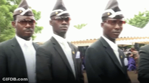 Three Men Wearing Suits And Hats Are Standing Next To Each Other . GIF