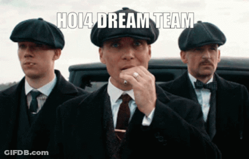 Three Men Wearing Suits And Hats Are Standing Next To Each Other With The Caption Ho14 Dream Team GIF