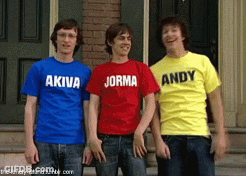 Three Men Wearing T-Shirts With The Names Akiva Jorda And Andy GIF