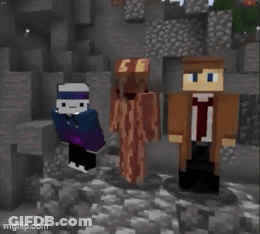 Three Minecraft Characters Are Standing Next To Each Other In A Cave GIF
