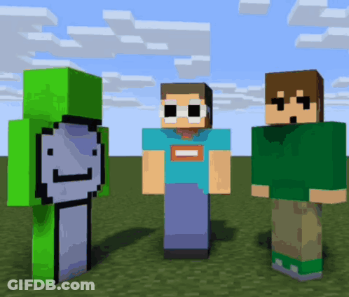 Three Minecraft Characters Are Standing Next To Each Other In A Field . GIF
