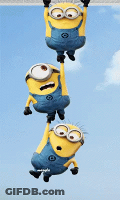 Three Minions Are Hanging From A Rope With The Name Maryla On The Bottom GIF