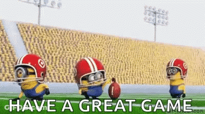 Three Minions Are Playing Football On A Field With The Words `` Have A Great Game '' Above Them . GIF