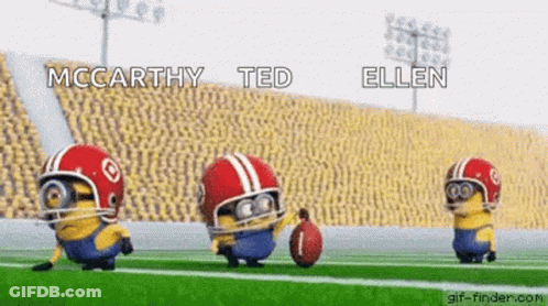 Three Minions Wearing Football Helmets Are Playing A Game Of Football . GIF