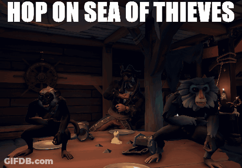 Three Monkeys Standing Around Table Hop On Sea Of Thieves GIF