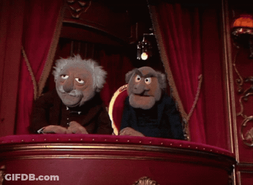 Three Muppets Are Sitting On A Stage And One Of Them Is Saying Both No Take Them Ha-Ha-Ha GIF