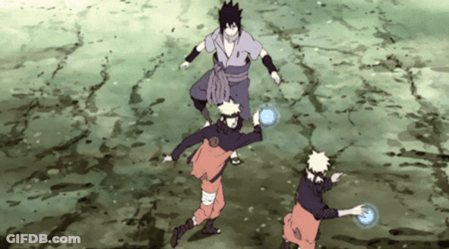 Three Naruto Fighting Sasuke Alone GIF