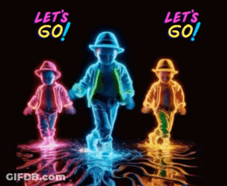 Three Neon Children Are Dancing With The Words Let 'S Go In The Background GIF
