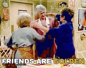 Three Older Women Are Hugging Each Other In A Room With The Words Friends Are Golden Behind Them GIF