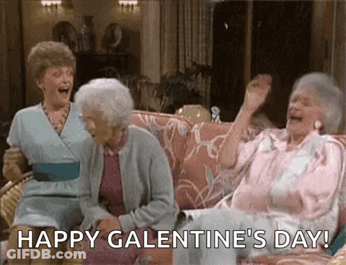 Three Older Women Laughing On Couch Celebrating Galentine's Day GIF