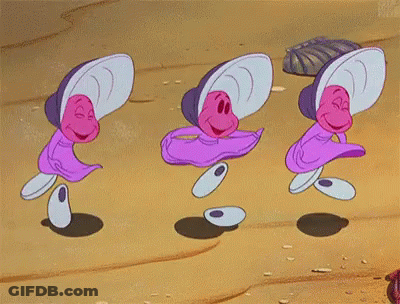 Three Oysters From Alice In Wonderland Are Dancing On A Beach GIF