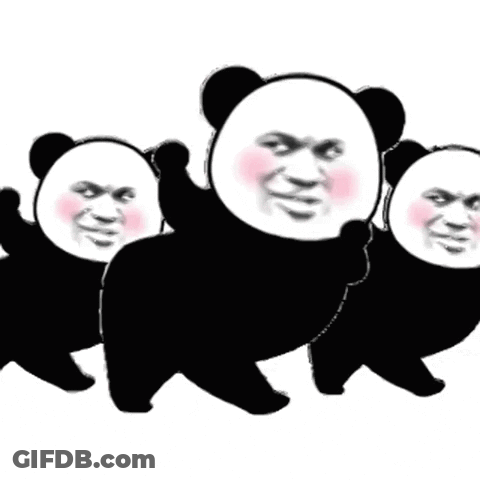 Three Panda Bears Are Walking In A Line With Their Faces On Their Bodies . GIF