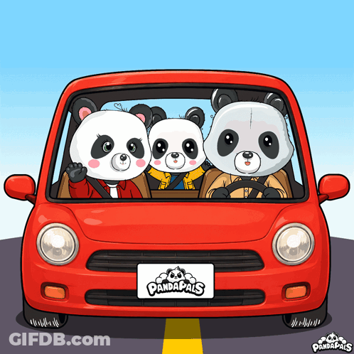 Three Panda Bears Driving Red Car GIF